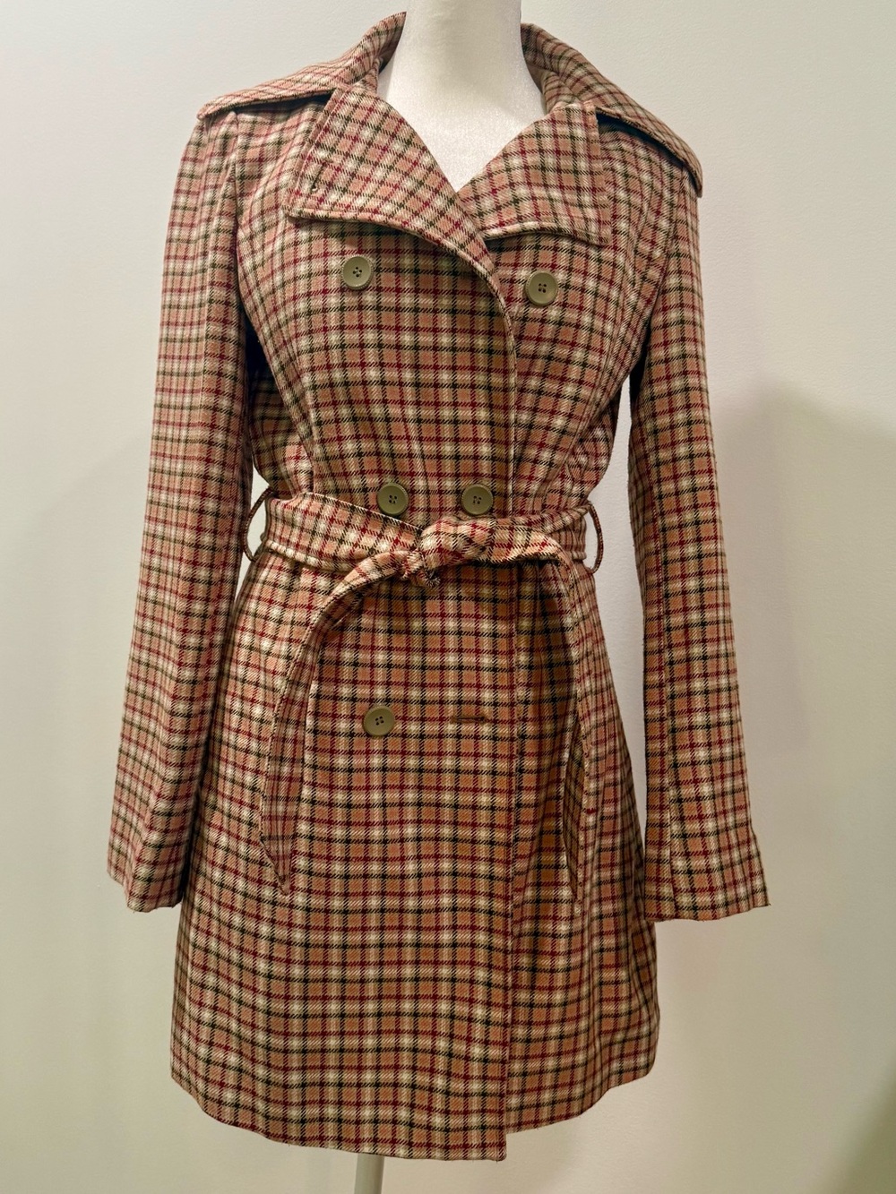 Nicole Double-Breasted Plaid Trench Coat - Red & Tan
